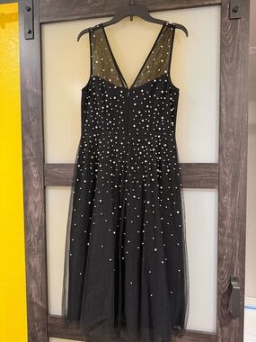 BCBGMaxAzria Black Tulle Midi Dress with Pearl Embellishments